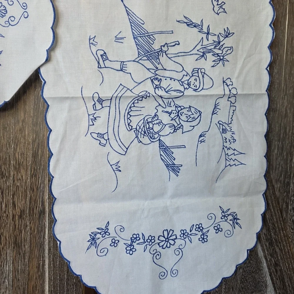 Embroidered Linen Table Runner Dutch Themed Bluework Scalloped Set of 2 Vintage